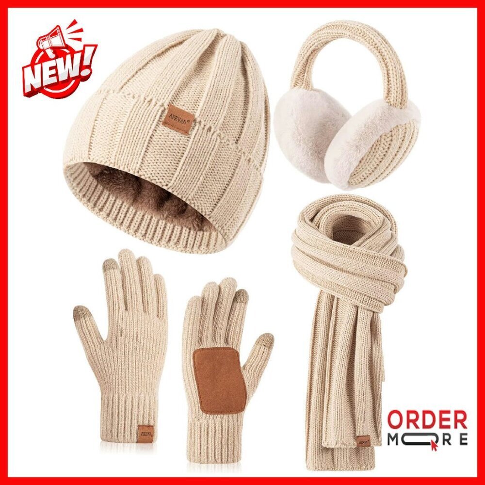 Fleece Lined Winter Set: Beanie, Scarf, Gloves, Earmuffs